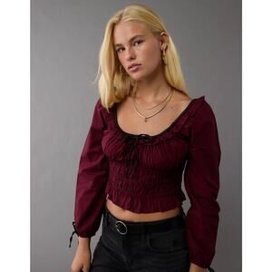 American Eagle Long-Sleeve Ruched Poplin Blouse Red Sz L Prarie Vamp Milkmaid